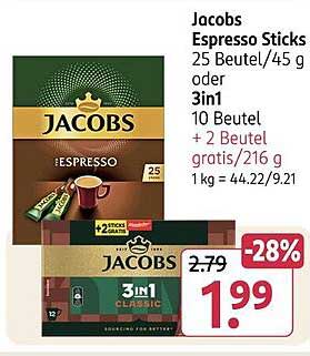 Jacobs Espresso Sticks 25 Beutel/45 g oder 3in1 10 Beutel + 2 Beutel gratis/216 g