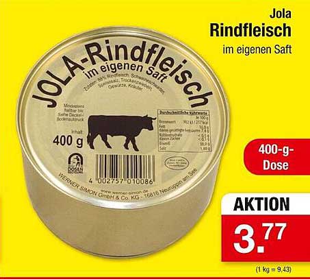 Jola Rindfleisch im eigenen Saft 400 g Dose