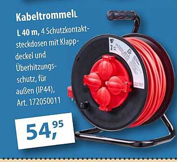 Kabeltrommel L 40 m, 4 Schutzkontaktsteckdosen mit Klappdeckel und Überhitzungsschutz, für außen (IP44), Art. 172050011