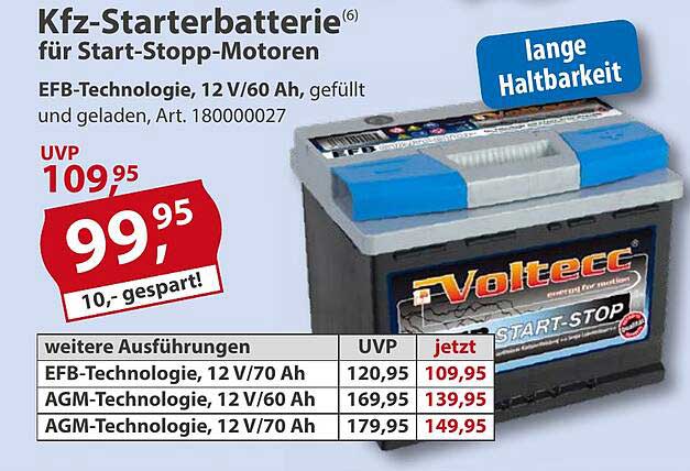Kfz-Starterbatterie für Start-Stopp-Motoren mit EFB-Technologie, 12 V/60 Ah