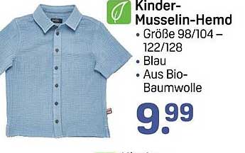 Kinder-Musselin-Hemd - Größe 98/104 – 122/128 - Blau aus Bio-Baumwolle