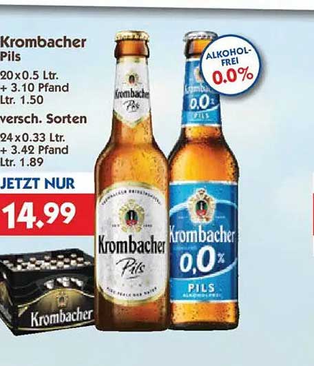 Krombacher Pils 20x0.5 Ltr. und 24x0.33 Ltr. - jetzt nur 14,99 €