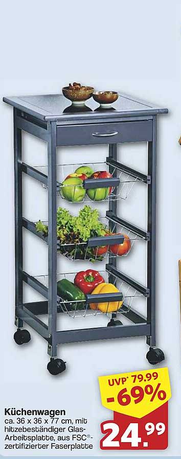 Küchenwagen ca. 36 x 36 x 77 cm, mit hitzebeständiger Glas-Arbeitsplatte, aus FSC-zertifizierter Faserplatte