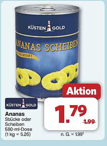 KÜSTEN GOLD Ananas Stücke oder Scheiben 580-ml-Dose