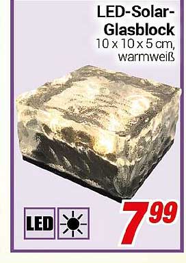 LED-Solar-Glasblock 10 x 10 x 5 cm, warmweiß