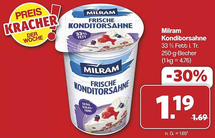 Milram Frische Konditorsahne 33 % Fett i. Tr. 250-g-Becher