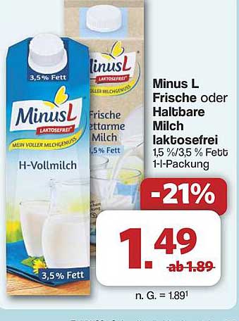Minus L Frische oder Haltbare Milch laktosefrei 1,5 % / 3,5 % Fett 1 l-Packung