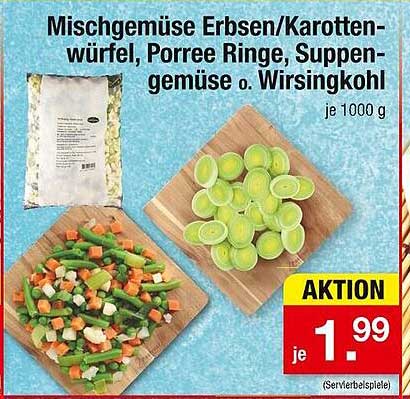 Mischgemüse Erbsen/Karottenwürfel, Porree Ringe, Suppengemüse o. Wirsingkohl 1000 g