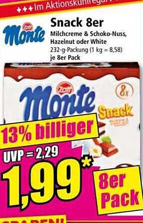Monte Snack 8er Pack - Milchcreme & Schoko-Nuss, Hazelnut oder White