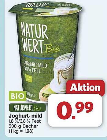 NaturWert Bio Joghurt mild 1,8 % Fett, 500 g Becher