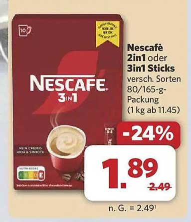 Nescafé 2in1 oder 3in1 Sticks 80/165-g-Packung (1 kg ab 11.45)