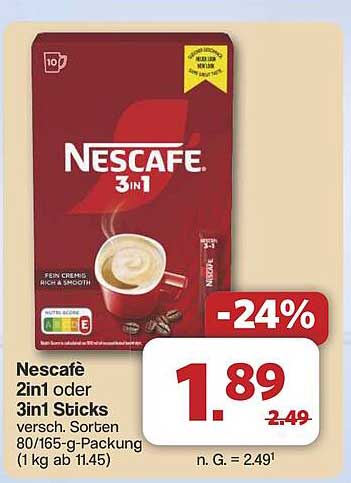Nescafé 2in1 oder 3in1 Sticks diverse Sorten 80/165-g-Packung