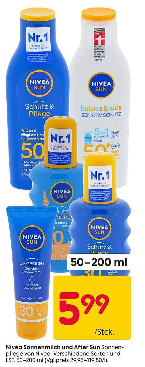 Nivea Sonnenmilch und After Sun Sonnenpflege von Nivea. Verschiedene Sorten und LSF, 50–200 ml