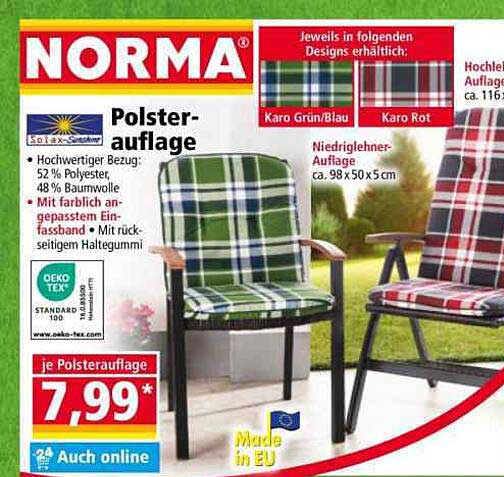 Polsterauflage Karo Grün/Blau oder Karo Rot - Hochwertiger Sitzkomfort