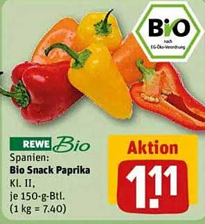 REWE Bio Snack Paprika Kl. II - 150 g für nur 1,11 €