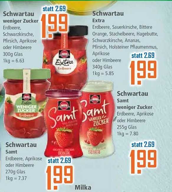 Schwartau weniger Zucker Marmelade - Erdbeere, Pfirsich, Aprikose oder Himbeere 300g