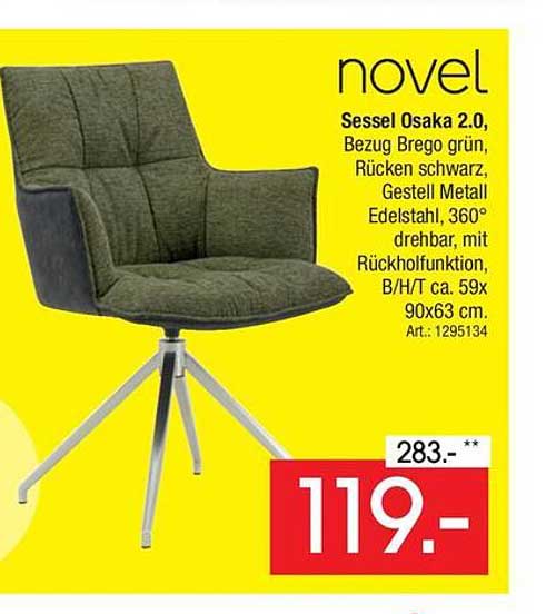 Sesssel Osaka 2.0, Bezug Brego grün, Rücken schwarz, Gestell Metall Edelstahl, 360° drehbar, mit Rückholfunktion