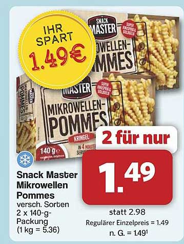 Snack Master Mikrowellen Pommes 2 x 140g - nur 1,49€