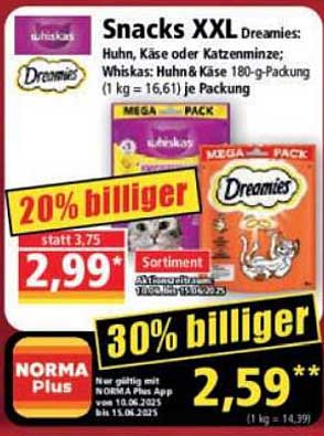 Snacks XXL Dreamies: Huhn, Käse oder Katzenminze - Whiskas 180-g-Packung