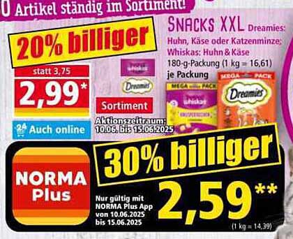 SNACKS XXL Dreamies: Huhn, Käse oder Katzenminze, Whiskas: Huhn & Käse