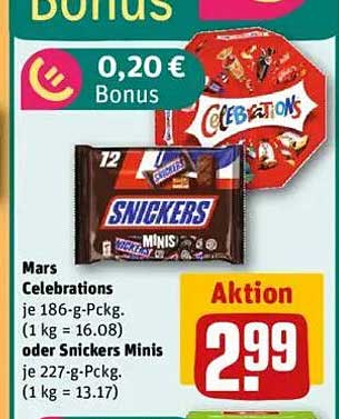 Snickers Minis oder Mars Celebrations - Angebot im REWE Kaufpark