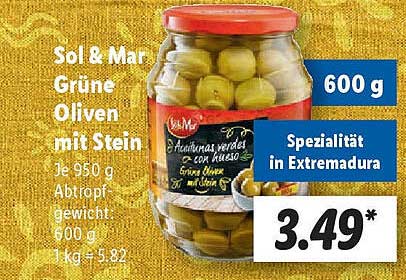 Sol & Mar Grüne Oliven mit Stein 600 g