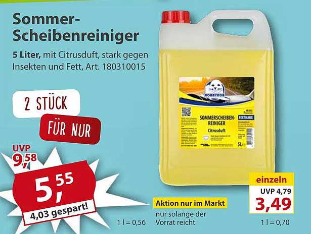 Sommer-Scheibenreiniger 5 Liter mit Citrusduft, stark gegen Insekten und Fett