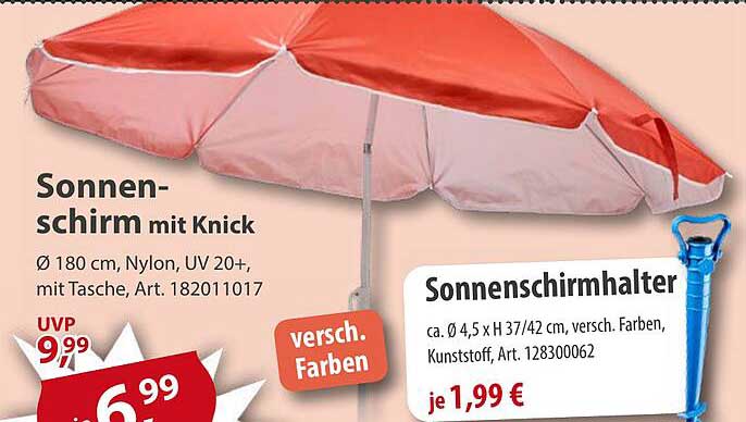 Sonnenschirm mit Knick Ø 180 cm, Nylon, UV 20+, mit Tasche, Art. 182011017