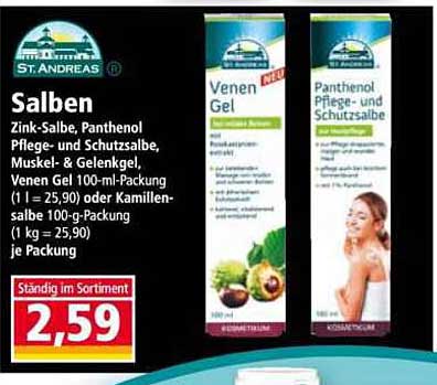 St. Andreas Venen Gel 100 ml - Zink-Salbe, Panthenol Pflege- und Schutzsalbe