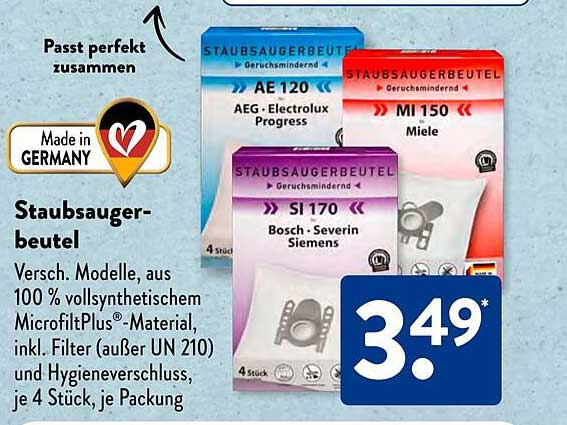 Staubsaugerbeutel - Verschiedene Modelle aus 100 % vollsynthetischem MicrofiltPlus®-Material
