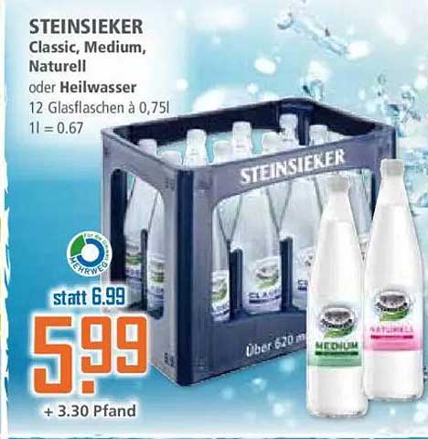 STEINSIEKER Classic, Medium, Naturell oder Heilwasser – 12 Glasflaschen à 0,75l