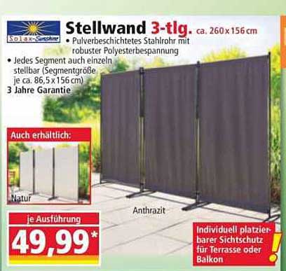Stellwand 3-tlg. - Individuell platzierbarer Sichtschutz für Terrasse oder Balkon