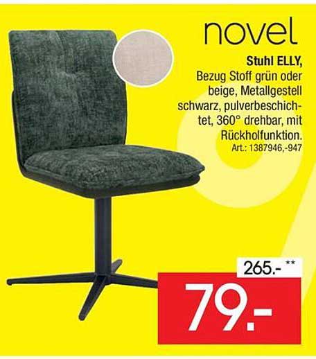 Stuhl ELLY, Bezug Stoff grün oder beige, Metallgestell schwarz, pulverbeschichtet, 360° drehbar, mit Rückholfunktion