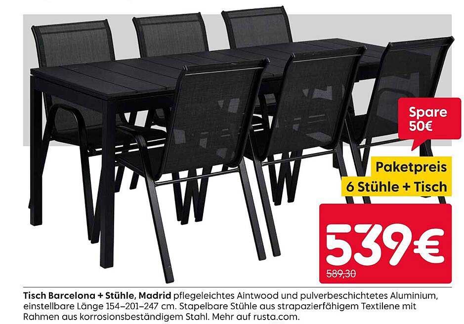 Tisch Barcelona + Stühle Madrid - Paketpreis für 6 Stühle + Tisch