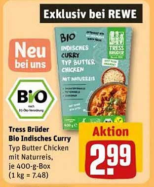 Tress Brüder Bio Indisches Curry Typ Butter Chicken mit Naturreis, 400-g-Box