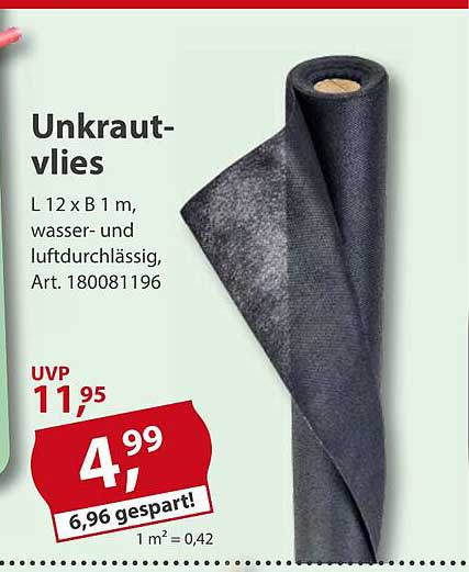 Unkrautvlies L 12 x B 1 m, wasser- und luftdurchlässig, Art. 180081196