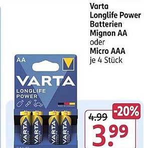 Varta Longlife Power Batterien Mignon AA oder Micro AAA je 4 Stück