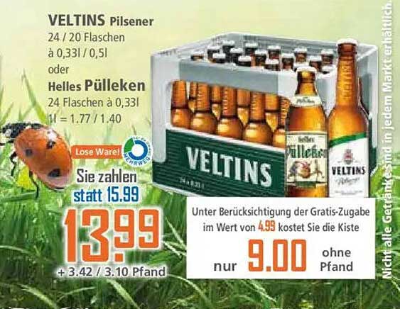 VELTINS Pilsener 24 Flaschen à 0,33l / 0,5l oder Helles Pülleken 24 Flaschen à 0,33l