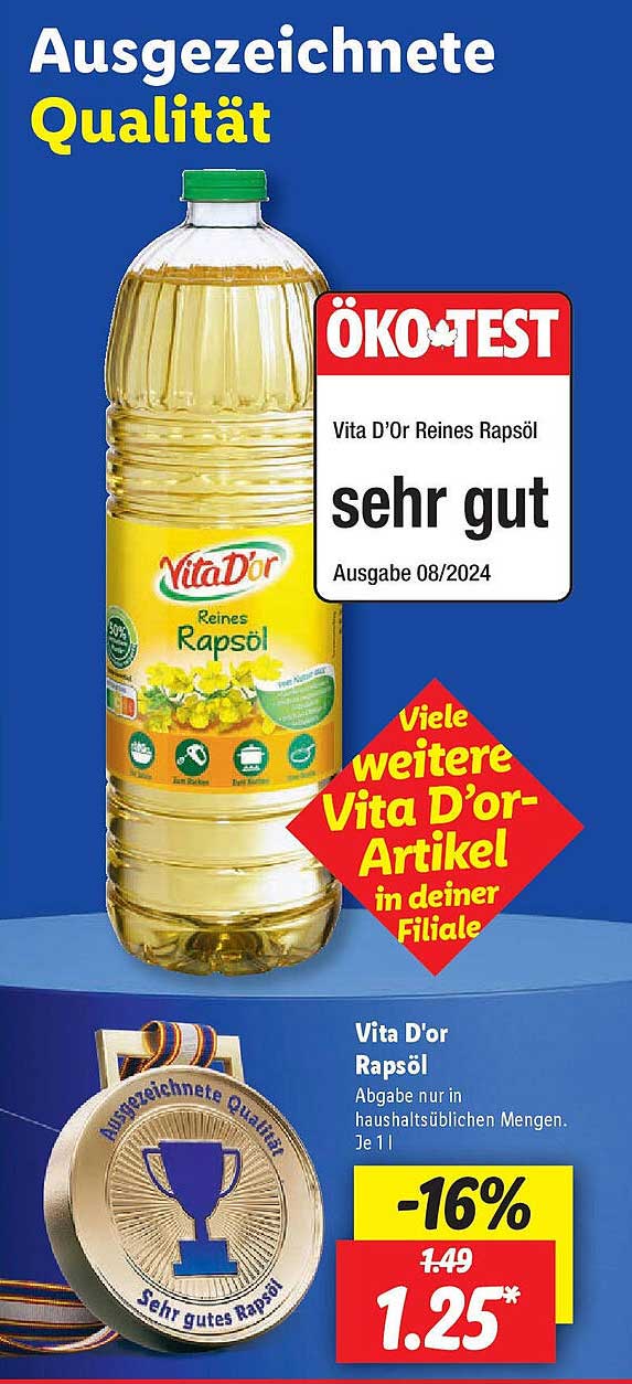 Vita D'or Reines Rapsöl 1,0 L