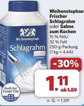 Weihenstephan Frischer Schlagrahm oder Sahne zum Kochen 250 g