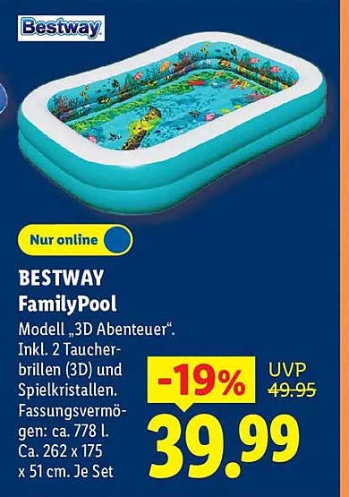 BESTWAY FamilyPool Modell „3D Abenteuer“. Inkl. 2 Taucherbrillen (3D) und Spielkristallen. Fassungsvermögen: ca. 778 l. Ca. 262 x 175 x 51 cm. Je Set