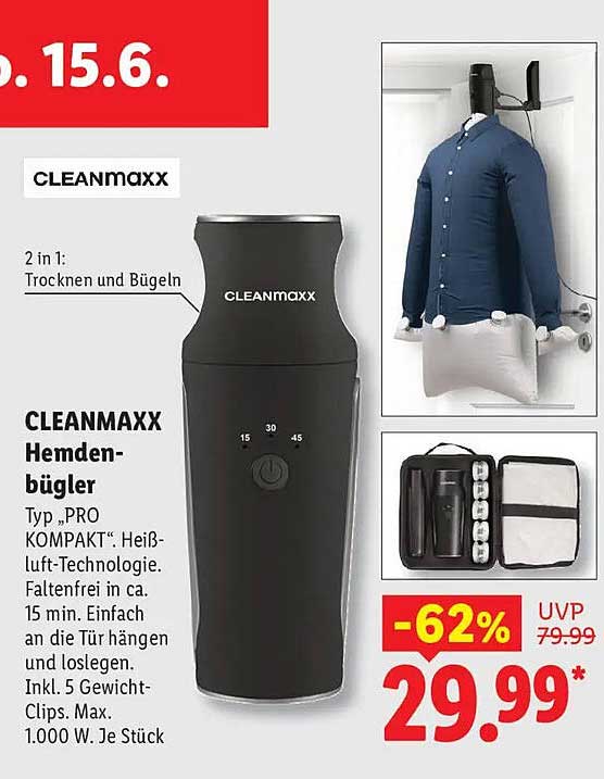 CLEANmaxx Hemdenbügler Typ „PRO KOMPAKT“. Heißluft-Technologie. Faltenfrei in ca. 15 min. Einfach an die Tür hängen und loslegen. Inkl. 5 Gewicht-Clips. Max. 1.000 W. Je Stück