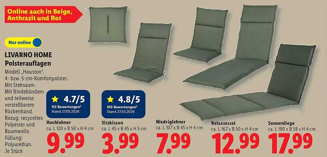 LIVARNO HOME Polsterauflagen Modell „Houston“.
