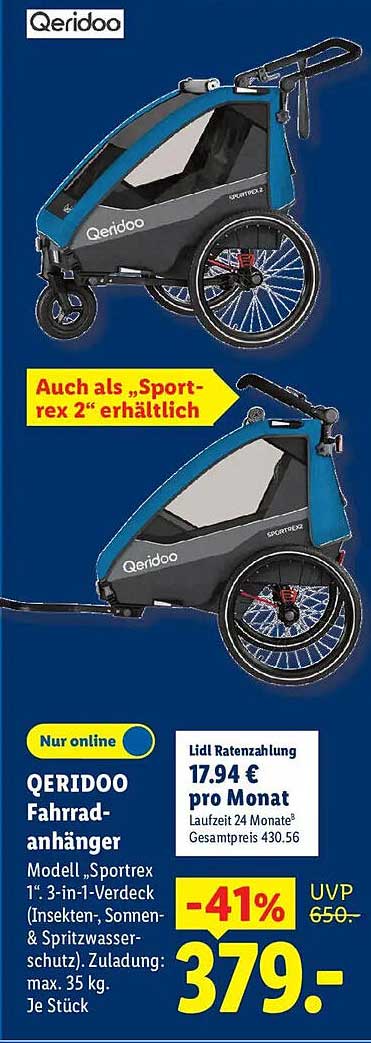 QERIDOO Fahrradanhänger Modell „Sportrex 1“. 3-in-1-Verdeck (Insekten-, Sonnen- & Spritzwasserschutz). Zuladung: max. 35 kg. Je Stück