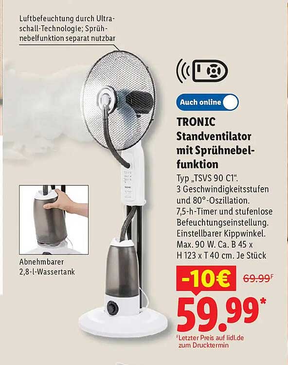 TRONIC Standventilator mit Sprühnebel-funktion