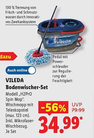 VILEDA Bodenwischer-Set Modell „H2Pr0 Spin Mop“. Wischmopp mit Teleskopstiel (max. 123 cm). Inkl. Mikrofaser-Wischbezug. Je Set