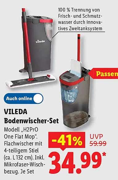 VILEDA Bodenwischer-Set Modell „H2Pro One Flat Mop“, Flachwischer mit 4-teiligem Stiel (ca. L 132 cm). Inkl. Mikrofaser-Wischbezug. Je Set