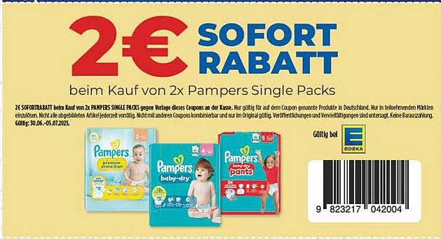 2 € Sofort-Rabatt beim Kauf von 2x Pampers Single Packs