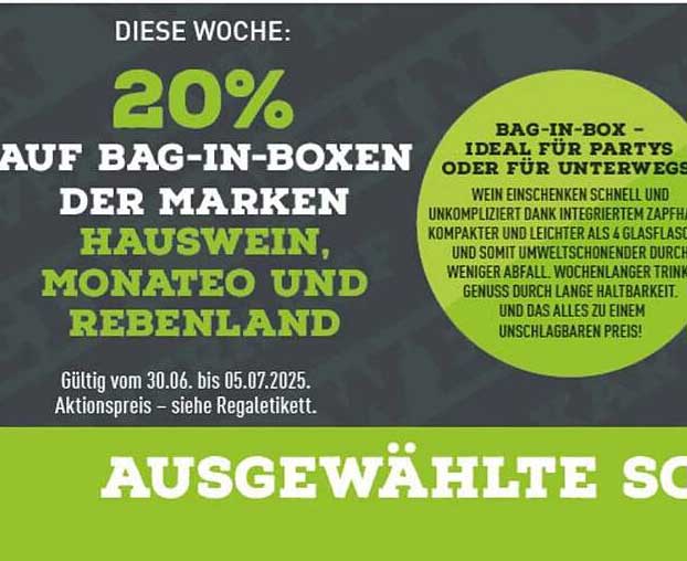 20% Rabatt auf Bag-in-Box Weine der Marken Hauswein, Monateo und Rebenland