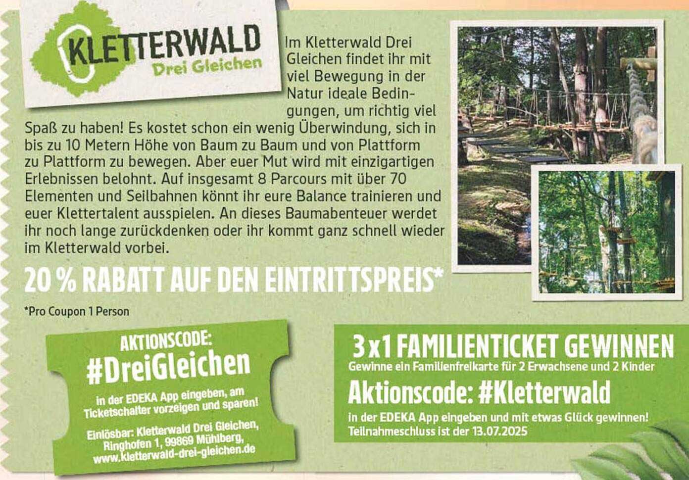 20 % Rabatt auf den Eintrittspreis im Kletterwald Drei Gleichen